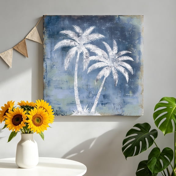 Blue Palm Tree Canvas Wall Art, Summer Tropical Beach Country Rustic Island Tree Leaf Pictures Wall Decor Wooden Framed Artwork Art Prints for Living Room Hallway Bedroom Office 8"x8"
