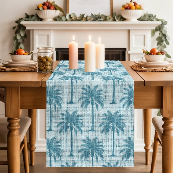 Blue Palm Tree Dining Table Runner, Country Linen Texture Tropical ...