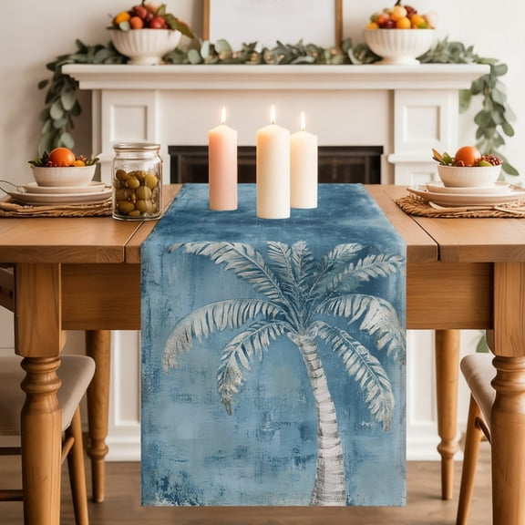 Blue Palm Tree Dining Table Runner, Summer Tropical Plant Botanical Abstract Washable Table Runners Kitchen Coffee Table Center Decor for Home Party Holiday Wedding 13 x 36 Inches