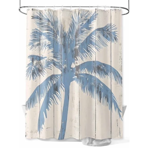 Blue Palm Tree Extra Long Shower Curtain Set, Waterproof Shower Curtains for Bathroom, Coastal Summer Vintage Washable Fabric Cloth Bath Curtain for Bathtub Decoration with Hooks 72x96 Inches