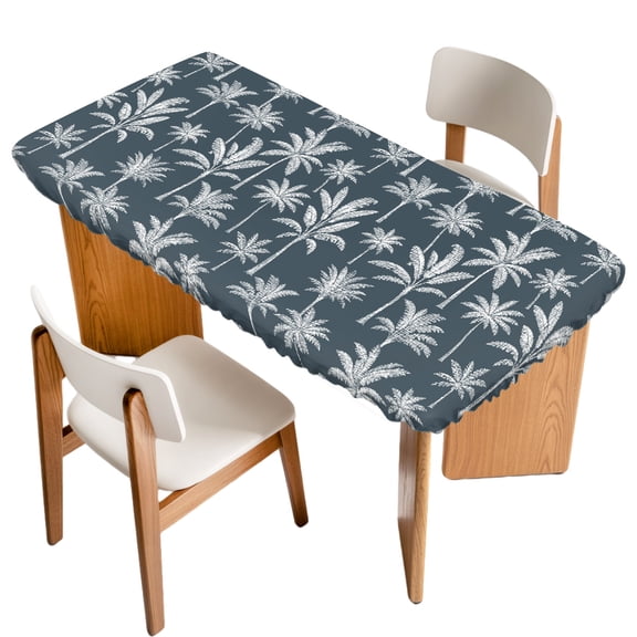 Blue Palm Tree Fitted Rectangle Tablecloth 24" x 36" Summer Tropical Country Botanical Coconut Tree Leaf Elastic Table Cloth Fits for 3 Foot Folding Tables Waterproof Table Cover for Picnic Camping