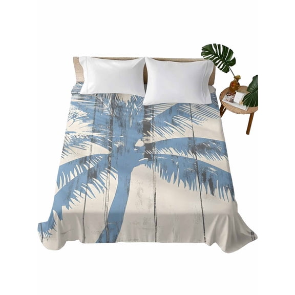 Blue Palm Tree Flat Sheet Only Twin Size, Soft Breathable Bed Top Sheets for Mattress, Coastal Summer Vintage Luxury Bedding Flat Sheets for Home Hotel Bedroom Bed Protection