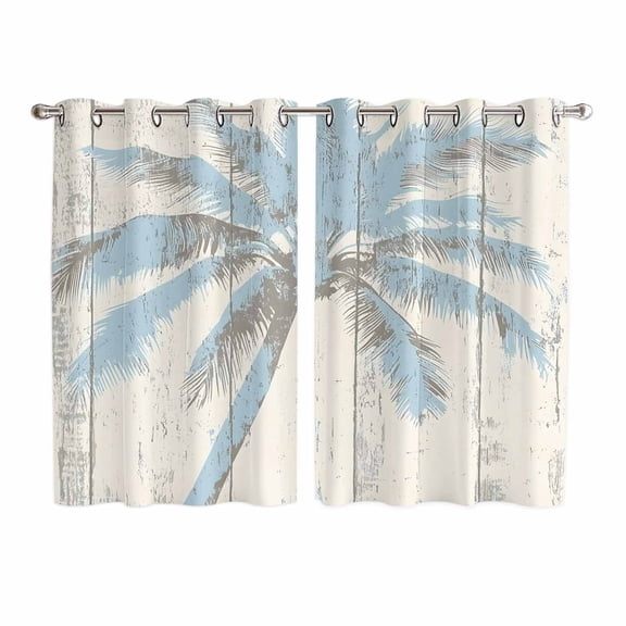 Blue Palm Tree Kitchen Curtains 63 Inch Length, Tropical Beach Antique Wood Grain Summer Grommet Top Bedroom Living Room Curtains, Light Filtering Cafe Curtain Drapes 2 Panels Set 104''x63''