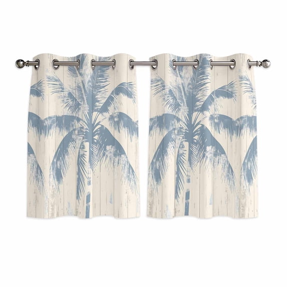 Blue Palm Tree Kitchen Curtains Short 45 Inch Length, Coastal Summer Wooden Grommet Top Bedroom Living Room Curtains, Light Filtering Cafe Curtain Drapes 2 Panels Set 84''x45''