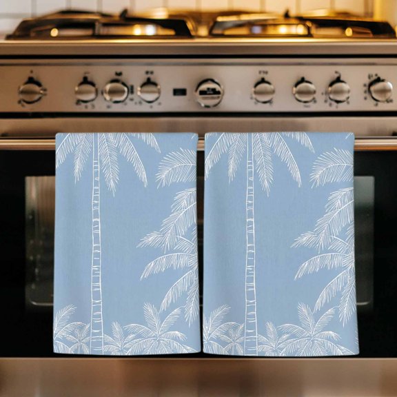 Blue Palm Tree Kitchen Towels Set of 2, Summer Beach Coastal Tropical Botanical Absorbent Dish Towels for Kitchen, Microfiber Hand Towel, Quick Drying Tea Towel for Cleaning Decorative Dishcloths