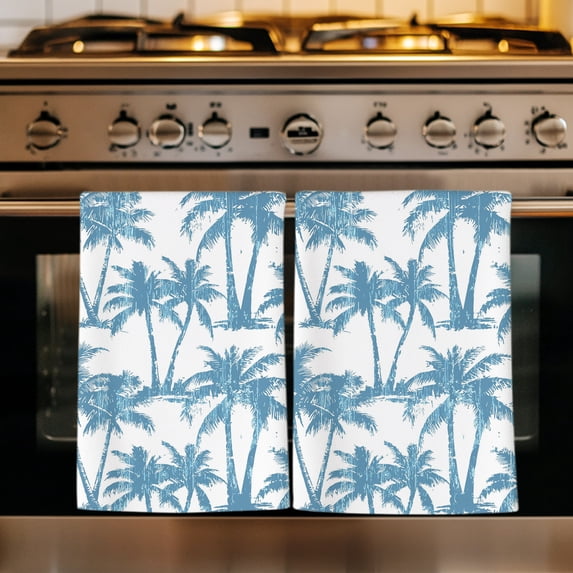 Blue Palm Tree Kitchen Towels Set of 3, Coastal Trees Summer Tropical Botanical Absorbent Dish Towels for Kitchen, Microfiber Hand Towel, Quick Drying Tea Towel for Cleaning Decorative Dishcloths