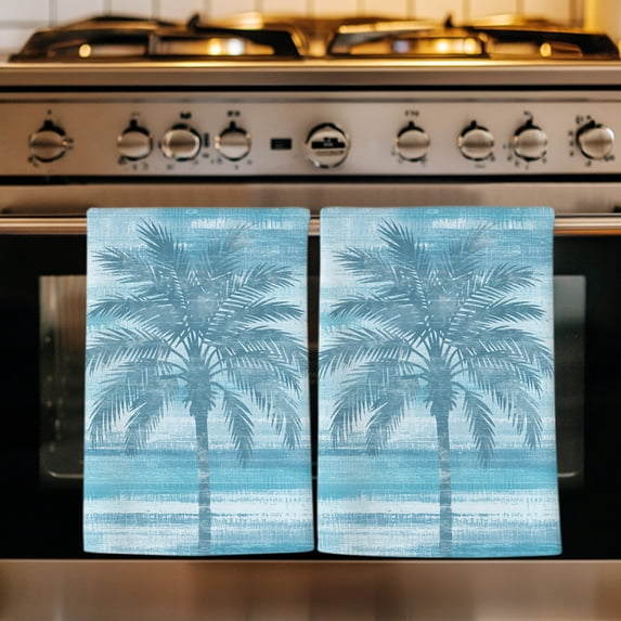 Blue Palm Tree Kitchen Towels Set of 4, Coastal Tropical Trees Vintage Summer Absorbent Dish Towels for Kitchen, Microfiber Hand Towel, Quick Drying Tea Towel for Cleaning Decorative Dishcloths