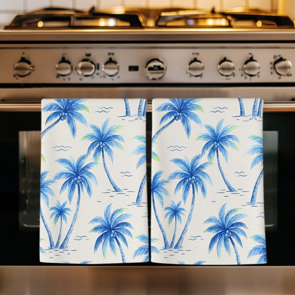 Blue Palm Tree Kitchen Towels Set of 4, Summer Tropical Plants Modern Gradient Absorbent Dish Towels for Kitchen, Microfiber Hand Towel, Quick Drying Tea Towel for Cleaning Decorative Dishcloths