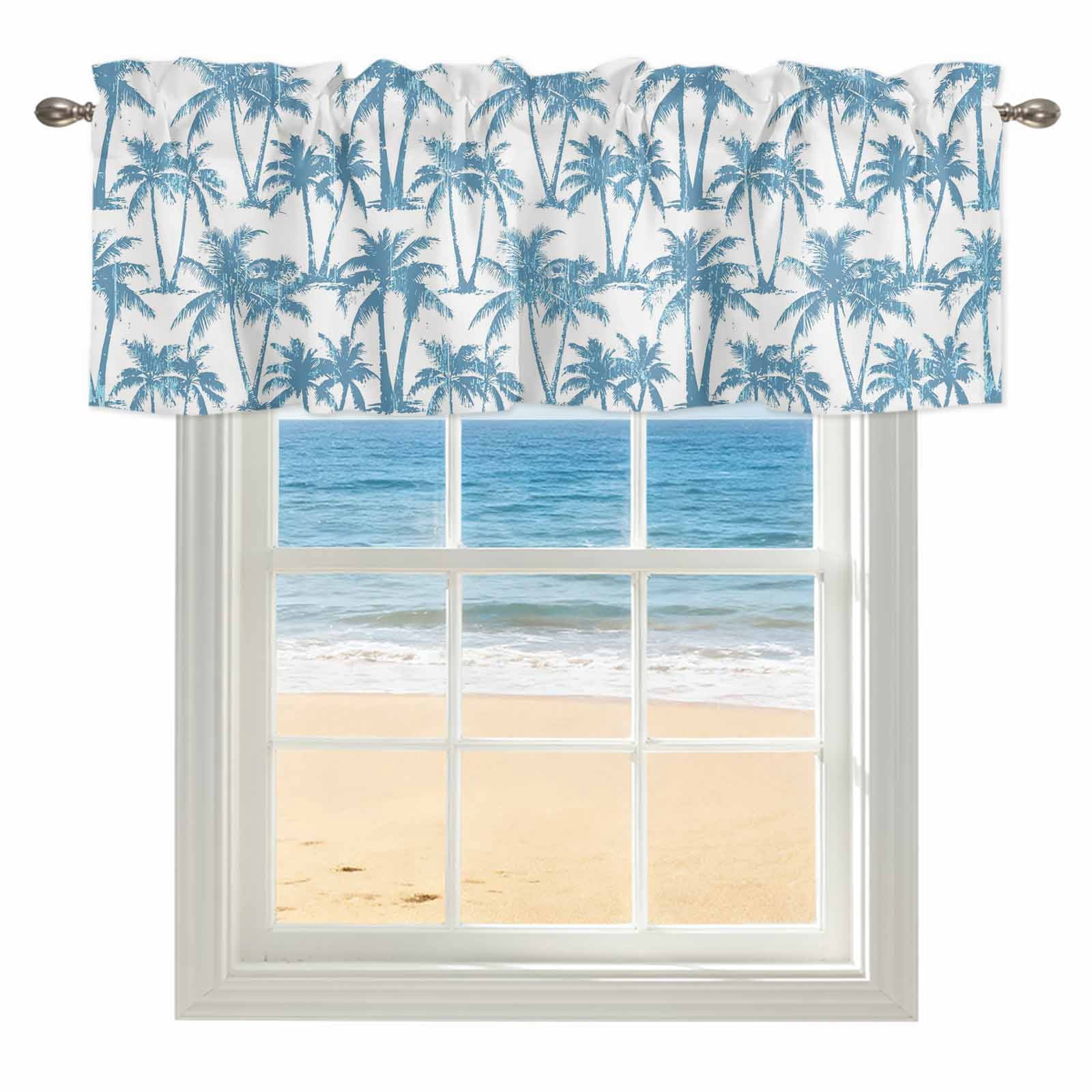 Blue Palm Tree Kitchen Valances for Windows 60x18 Inch Kitchen Curtains ...