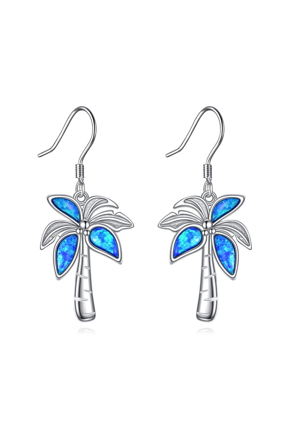 Blue Palm Tree Leaf Earrings for Women Sterling Silver Dangle Drop Earrings Boho Vaction Jewelry