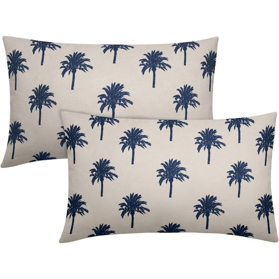 Blue Palm Tree Lumbar Pillow Covers 12X20 InchTropical Coconut Trees Coastal Plants Decorative Pillow Cases Set of 2 Summer Retro Cotton Linen Throw Pillows Home Decor For Sofa Couch Porch Outdoor