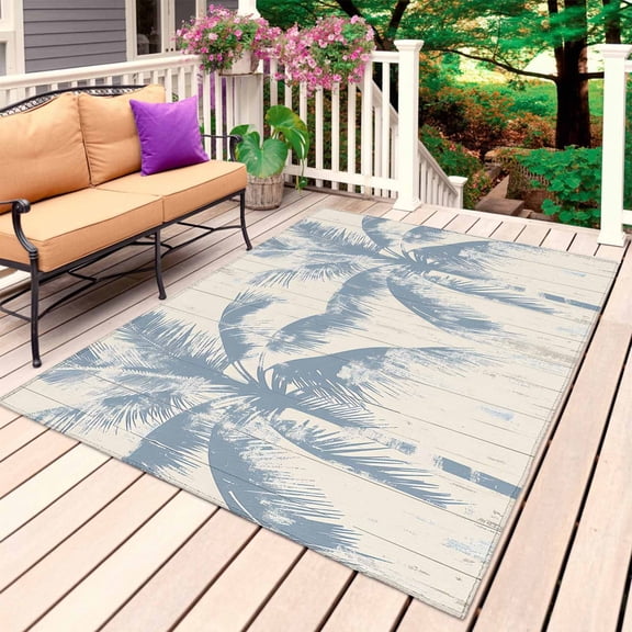 Blue Palm Tree Outdoor Rug 4x6 Ft, Non Slip Washable Area Rug, Coastal Summer Wooden Patio Rugs Carpet Runner, Large Floor Mat for Indoor/Outdoor Deck Porch Camping