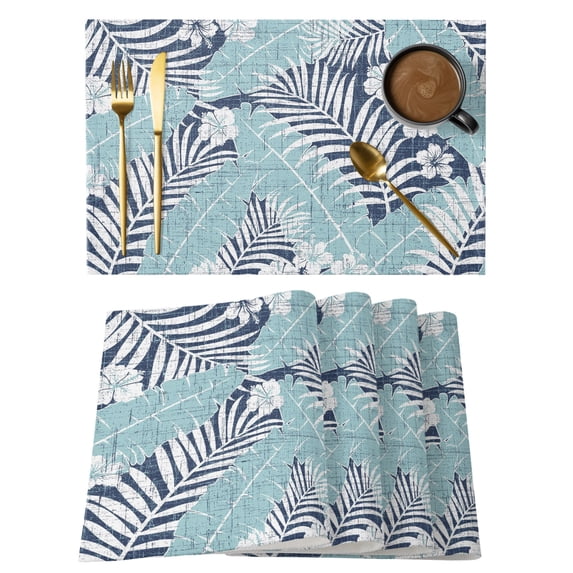 Blue Palm Tree Placemats Set of 2 Summer Tropical Plants Botanical Floral Place Mats Indoor Wipeable Table Mats Washable Cloth Dining Table Placemats for Kitchen Holiday Party Home Decor 13x19 Inch