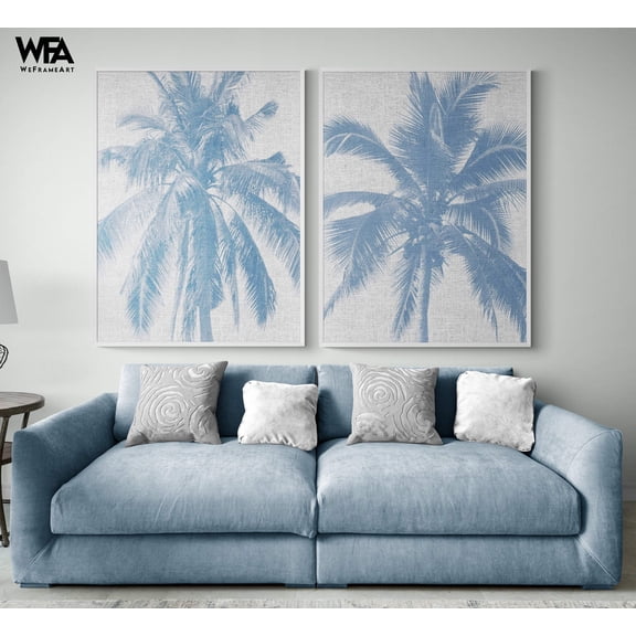 Blue Palm Tree Prints, Set of 2 Blue Plants Prints, Framed Tropical Plants Wall Art, Botanical Wall Art, Framed Wall Art, Oversized Wall Art