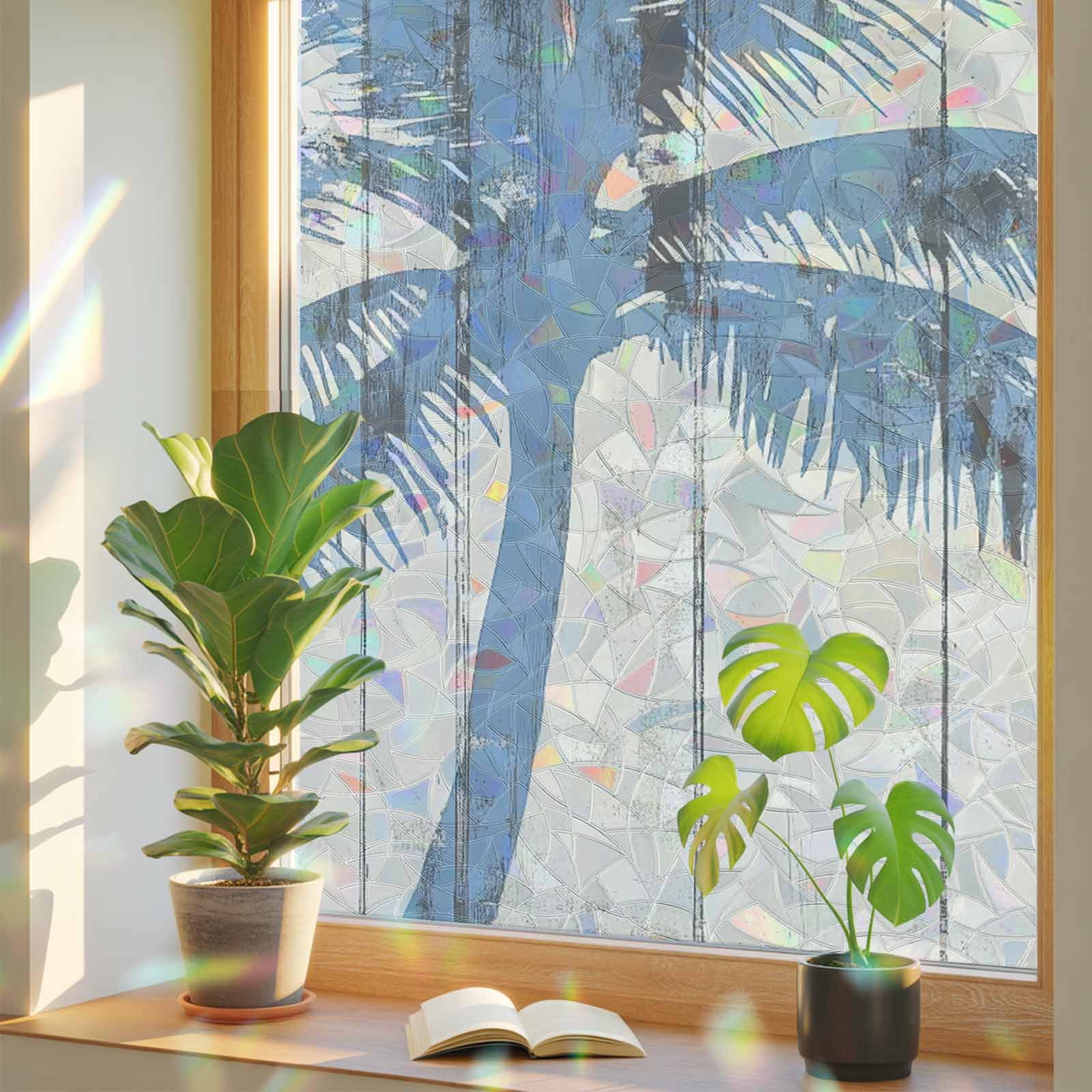 Blue Palm Tree Privacy Window Film, Decorative Stained Glass Window ...