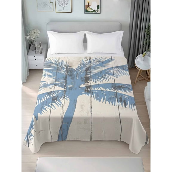 Blue Palm Tree Queen Size Flat Sheet, Wrinkleproof & Fadeproof Cooling Flat Bed Sheet Only, Coastal Summer Vintage Breathable Soft Bedding Top Sheets 90 x 102 Inches