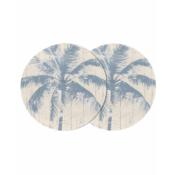 Blue Palm Tree Round 15 Inch Placemats Set of 2, Coastal Summer Wooden HeatResistant Non Slip Place Mats for Dining Table, Wipeable Braided Kitchen Table Mats for Housewarming