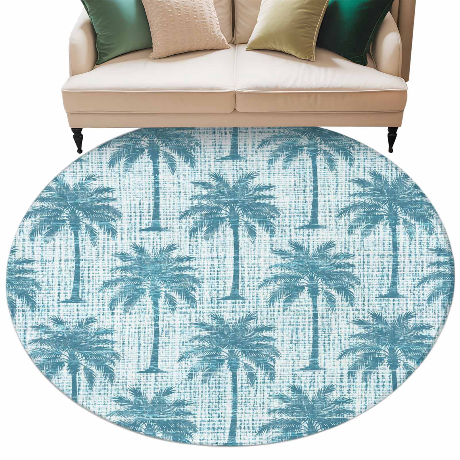 Blue Palm Tree Round Living Room Rugs 8 ft, Country Linen Texture ...