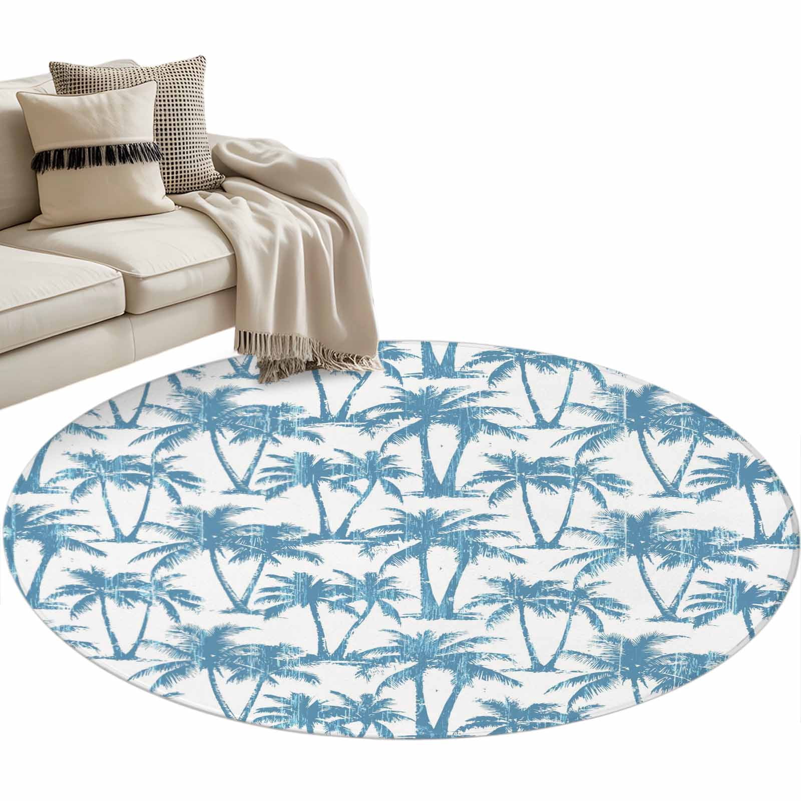 Blue Palm Tree Round Rug 3ft Washable Circle Entryway Rugs Non Slip ...