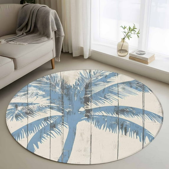 Blue Palm Tree Round Rug 4ft Washable Circle Entryway Rugs Non Slip Coastal Summer Vintage Area Rug Indoor Floor Carpet for Bedroom Kitchen Living Room Home Office Dining Room Nursery