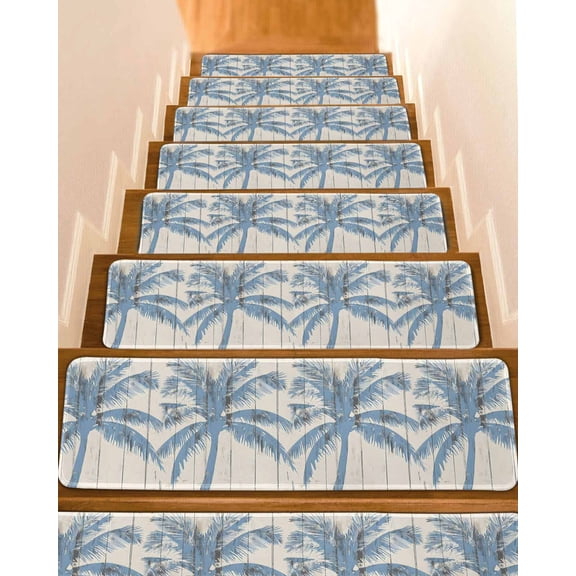 Blue Palm Tree Stair Treads for Wooden Steps Indoor Runner Rug Carpet, Coastal Summer Vintage 7 Pieces Peel and Stick Staircase Step Treads Covers Washable Throw Door Mats, 30"x8"