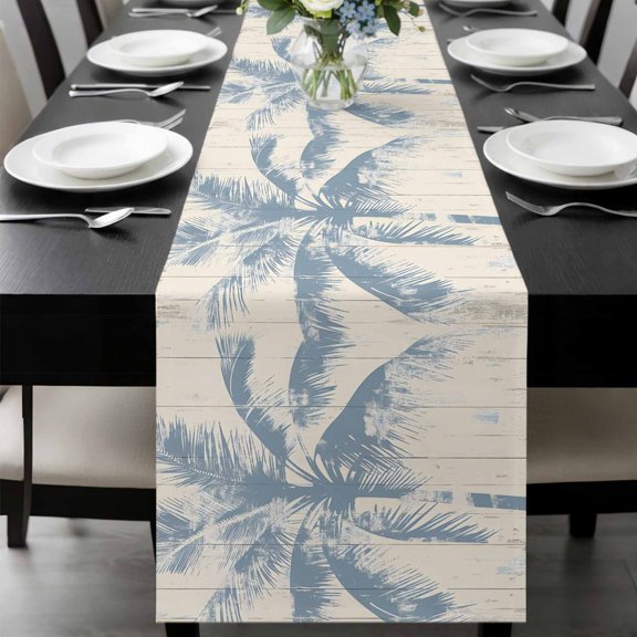 Blue Palm Tree Table Runner 36 Inches Long, Coastal Summer Wooden Kitchen Coffee Dining Table Decoration for Home Party Birthday Wedding Home Decor 13x36 Inches