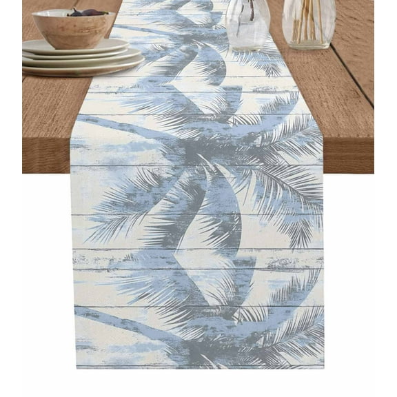 Blue Palm Tree Table Runner 48 Inches, Vintage Wooden Summer Botanical Bed Runner Dresser Scarves Tabletop for Indoor Outdoor Parties/Ceremony/Banquet, 13" x 48"
