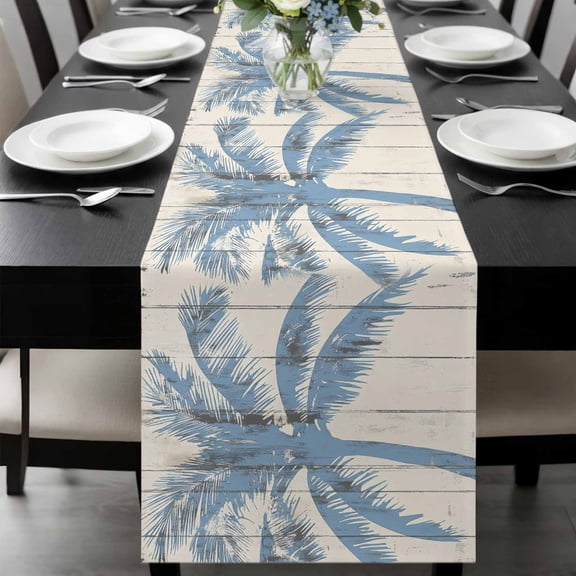 Blue Palm Tree Table Runner 90 Inches Long, Coastal Summer Vintage Kitchen Coffee Dining Table Decoration for Home Party Birthday Wedding Home Decor 13x90 Inches