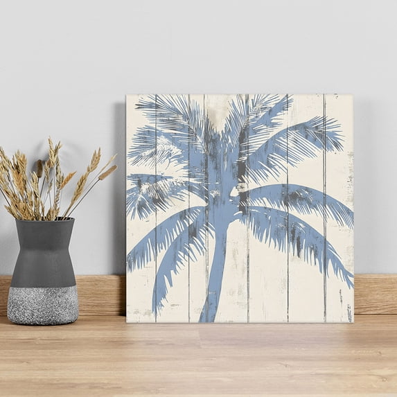 Blue Palm Tree Wall Art Painting on Canvas, Coastal Summer Vintage Canvas Art Home Prints Wall Art Framed Modern Artwork for Living Room Bedroom Wall Decor 16x16in