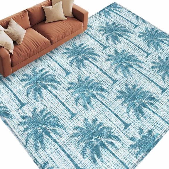 Blue Palm Tree Washable Living Room Rugs 9'x12', Country Linen Texture Tropical Plant Coastal Low Pile Throw Large Area Rug Non-Slip Sturdy Edge Binding Carpet for Bedroom Dining Room Office