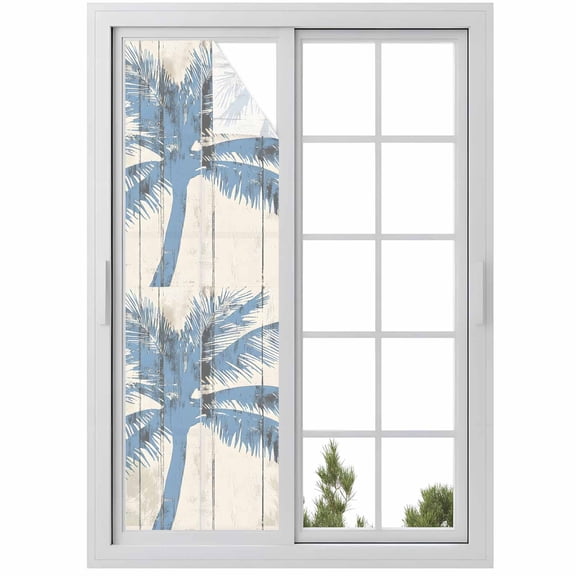 Blue Palm Tree Window Privacy Film, Coastal Summer Vintage Static Cling UV Sun Blocking Heat Control Window Tint Day and Night, Non-Adhesive Reusable One Way Windows Privacy Cover 17.7''x78.7''