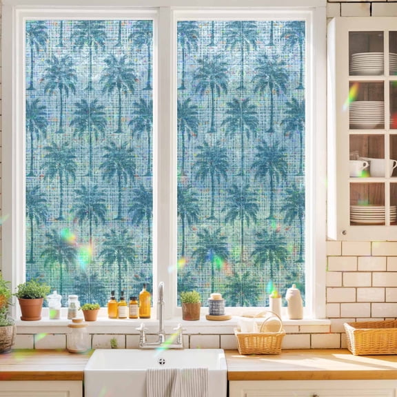Blue Palm Tree Window Privacy Film Country Linen Texture Tropical Plant Coastal Static Cling Stained Glass Window Film Non-Adhesive Decorative Decals Rainbow Sticker 17.7"X39.3"