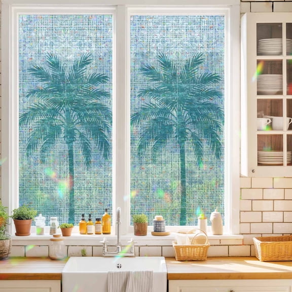 Blue Palm Tree Window Privacy Film Country Linen Texture Tropical Plant Vintage Static Cling Stained Glass Window Film Non-Adhesive Decorative Decals Rainbow Sticker 17.7"X39.3"