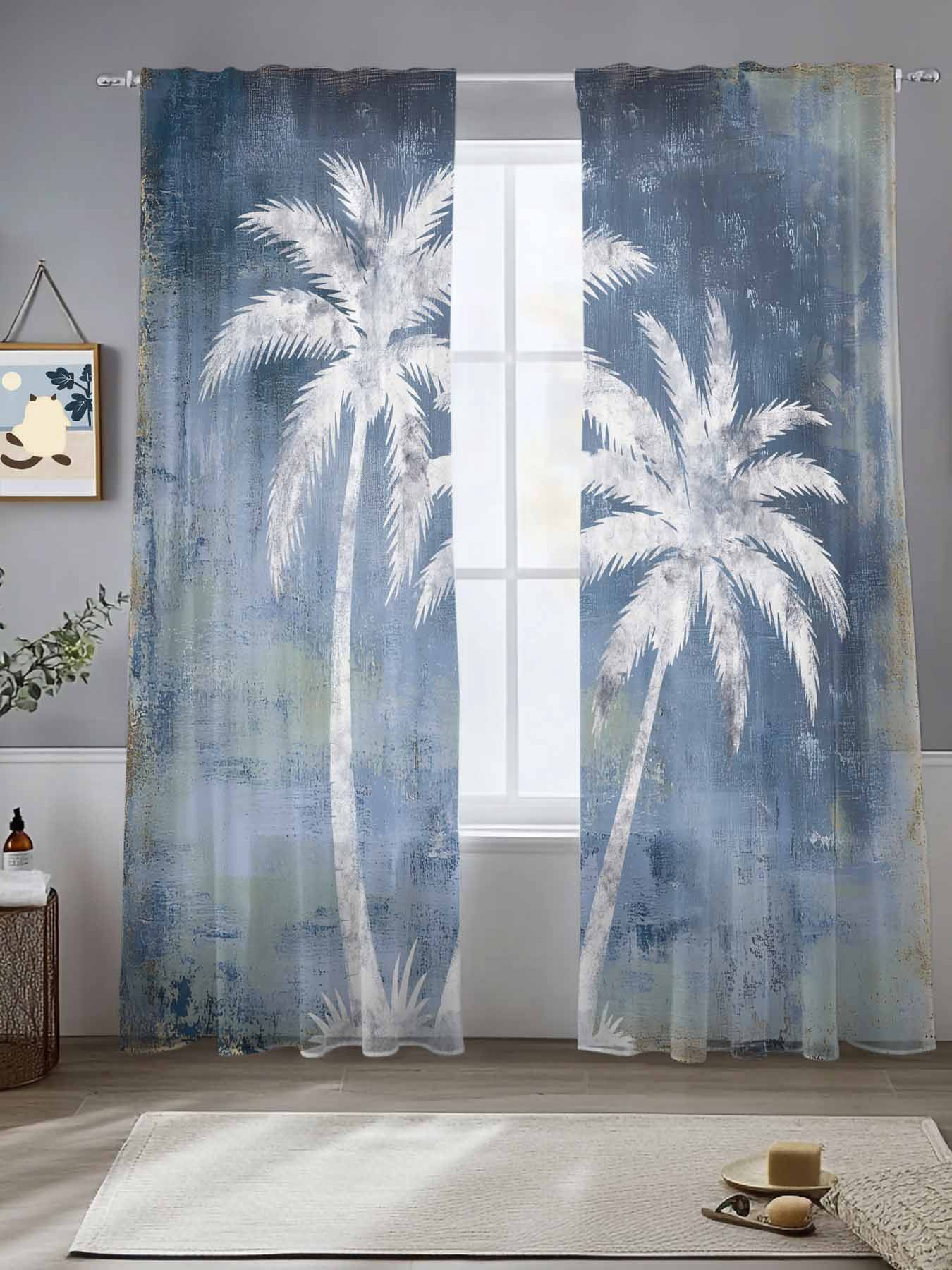 Blue Palm Tree Window Sheer Curtain Summer Tropical Beach Country ...