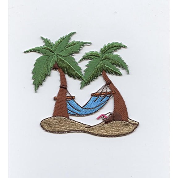 Blue Palm Tree and Hammock Iron On Embroidered Applique Patch
