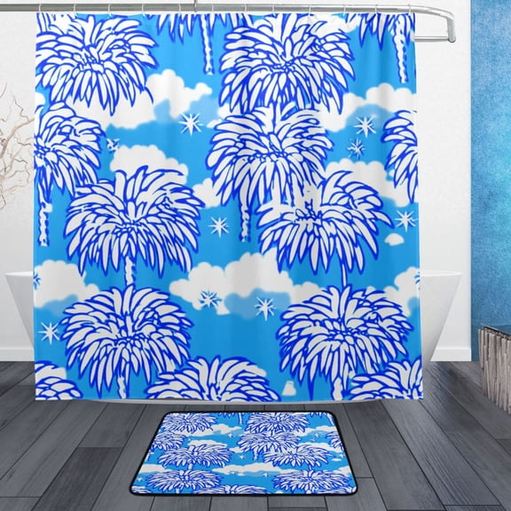 Blue Palm Trees Bathroom Accessory Sets Waterproof Shower Curtain with Anti-Slip Bath Mat Durable Combo