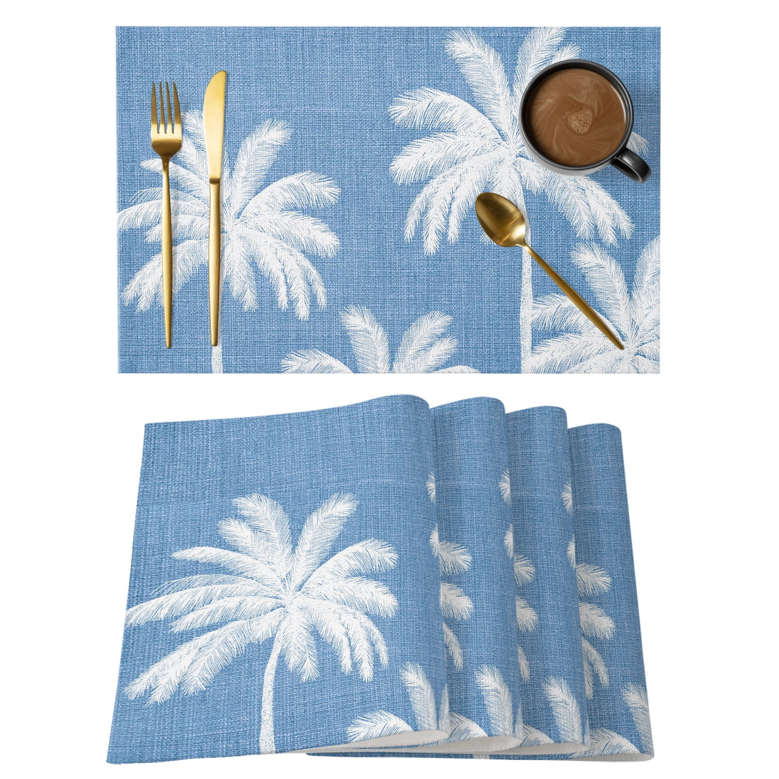 Blue Palm Trees Cotton Linen Placemats Set of 12, Summer Beach Tropical ...