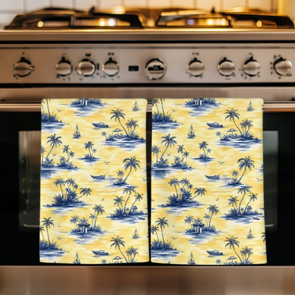 Blue Palm Trees Kitchen Towels Set of 2, Summer Island Ocean Waves Country Yellow Absorbent Dish Towels for Kitchen, Microfiber Hand Towel, Quick Drying Tea Towel for Cleaning Decorative Dishcloths