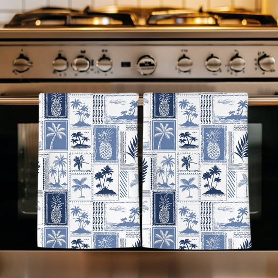 Blue Palm Trees Kitchen Towels Set of 4, Summer Tropical Monstera Leaf Pineapple Retro Absorbent Dish Towels for Kitchen, Microfiber Hand Towel, Quick Drying Tea Towel for Cleaning Dishcloths