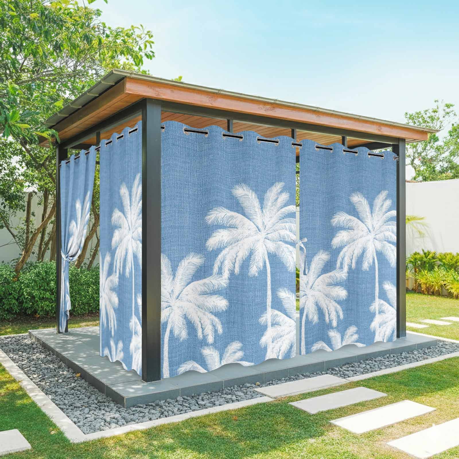 Blue Palm Trees Outdoor Curtains for Patio, Summer Beach Tropical Farmhouse Sunshade Privacy Drapes Grommet Waterproof Outside Curtains for Porch/Cabana/Balcony 54"x 108", 1 Panel