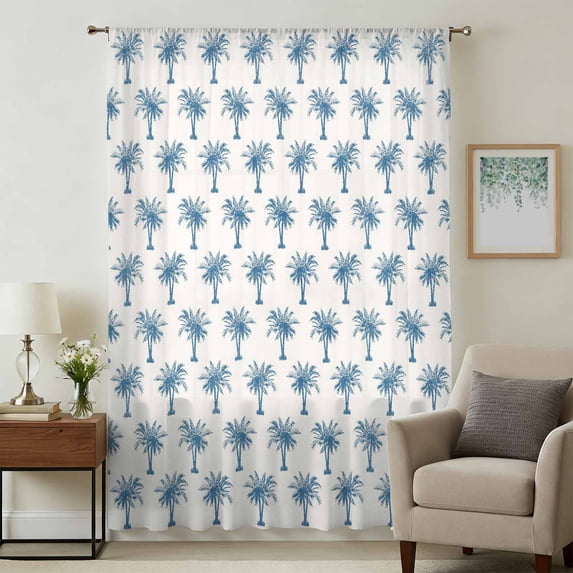 Blue Palm Trees Sheer Curtains 84 Inches Long, Summer Botanical Tropical Plants Light Filering Curtains, Breathable Simi Curtain Privacy Drapes for Living Room Bedroom Lightweight Window Treatment