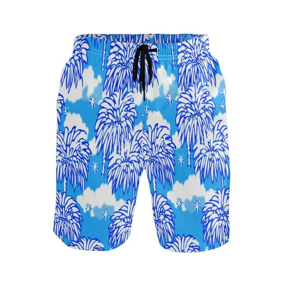 Blue Palm Trees X-Large Size Men's Lightweight Beach Shorts with Mesh Lining, Quick Dry