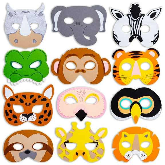 BLUE PANDA Animal Masks for Kids - 12 Pack, 7 x 7.2 In Multicolor Felt - Assorted Jungle Masks with Monkey, Tiger, Fox, Gorilla & Panda Designs for Jungle Party Decorations & Animal Costumes for Kids