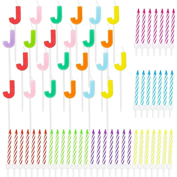 Blue Panda Birthday Cake Candles Set (96 Count) Letter J and Colored Stripes