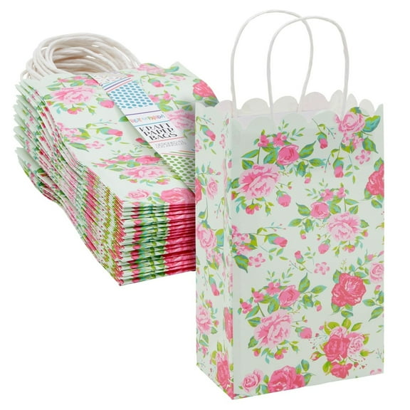 BLUE PANDA Floral Gift Bags - 5 x 8.5 x 3 In, White, Pack of 24 - Bulk Gift Bags with Handles for Mother's Day, Bridal Shower & Party Favors