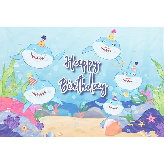 Blue Panda Shark Birthday Backdrop for Photo Booth, Party Decor, 7 x 5 Feet