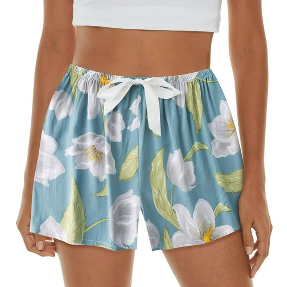 Blue Pants For Women, Polyester Trendy Pants, Capris For Women Casual Summer, Womens Pajama Shorts Soft Sleep Shorts Lightweight Printed Bow Elastic Waist Lounge Pj Bottoms