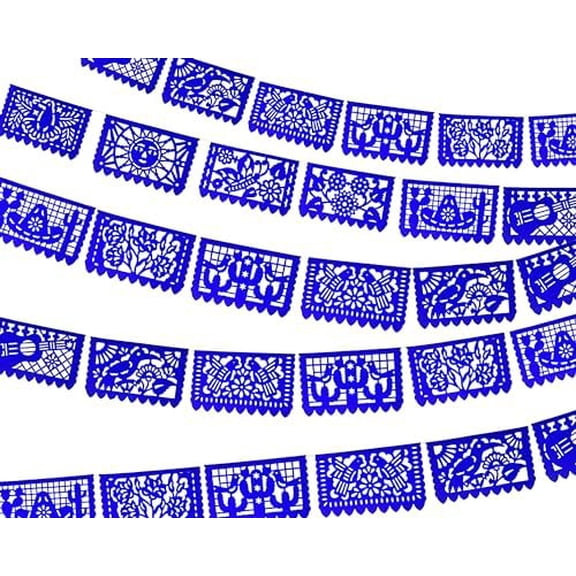 Blue Papel Picado Banner Medium, Fiesta Party Supplies, Royal Blue Mexican Banner Flags, Paper Garlands Perfect for Birthdays, Bridal and Baby Shower, Weddings, quinceaneras, Taco bar 5pk|60ft|Paper