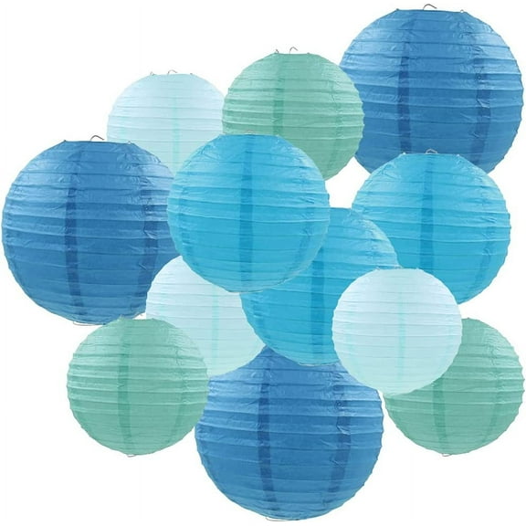 Blue Paper Lanterns 12 Pcs Assorted size of 6" 8" 10" 12" Chinese Round Paper Hanging Decorations Lanterns Lamps for Home Decorations, Parties, and Weddings