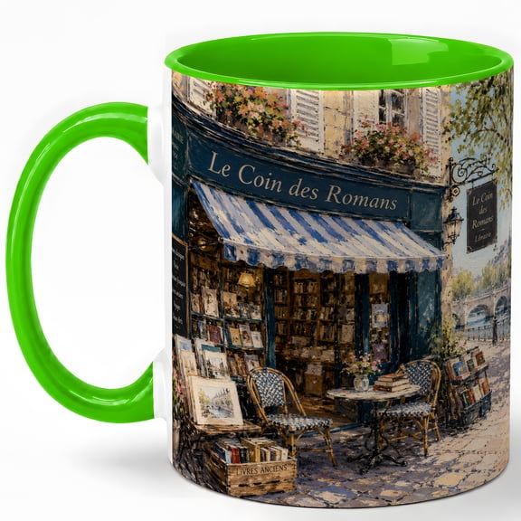 Blue Paris Bookshop 11oz Ceramic Mug, French Library Coffee Cup, Seine River Book Lover Gift